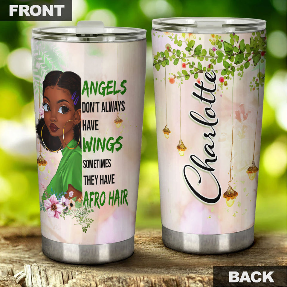 Camellia Personalized 3D Afro Hair Girl Angels Don't Always Have Wings Stainless Steel Tumbler - Customized Double-Walled Insulation Black Live Matter Thermal Cup With Lid