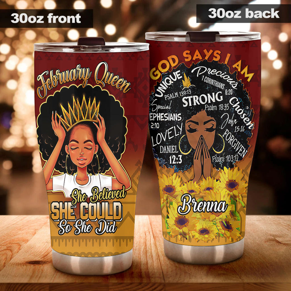 Camellia Personalized Black Woman February Queen Stainless Steel Tumbler - Double-Walled Insulation Vacumm Flask - Gift For Black Queen, International Women's Day, Hippie Girls