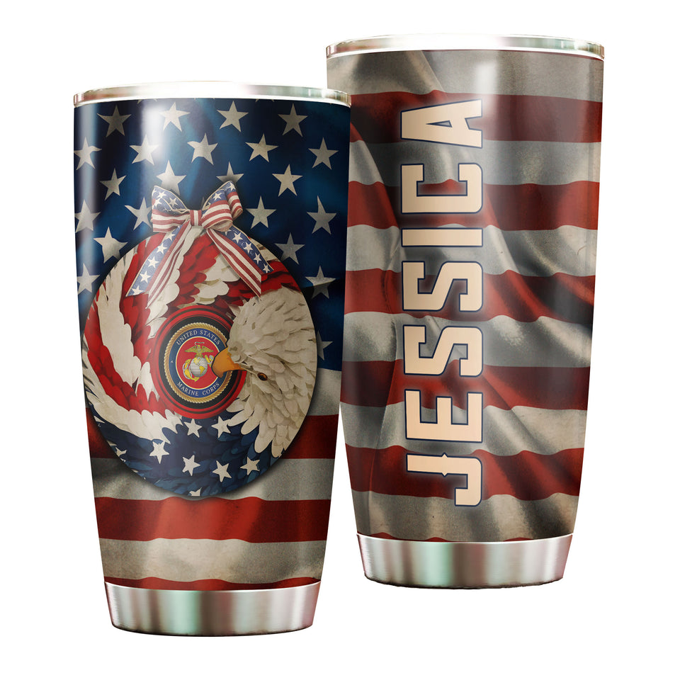 Camellia Personalized American Eagle Marine Corps Stainless Steel Tumbler - Double-Walled Insulation Vacumm Flask - Gift For American Veterans, Christmas, Thanksgiving