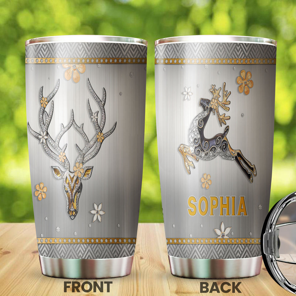 Camellia Personalized Deer Jewelry Style Flower Stainless Steel Tumbler - Customized Double-Walled Insulation Travel Thermal Cup With Lid Gift For Deer Lover