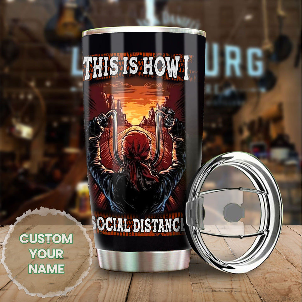 Camellia Personalized Biker Social Distance Stainless Steel Tumbler - Double-Walled Insulation Vacumm Flask - Gift For Bikers, Cycling Lovers