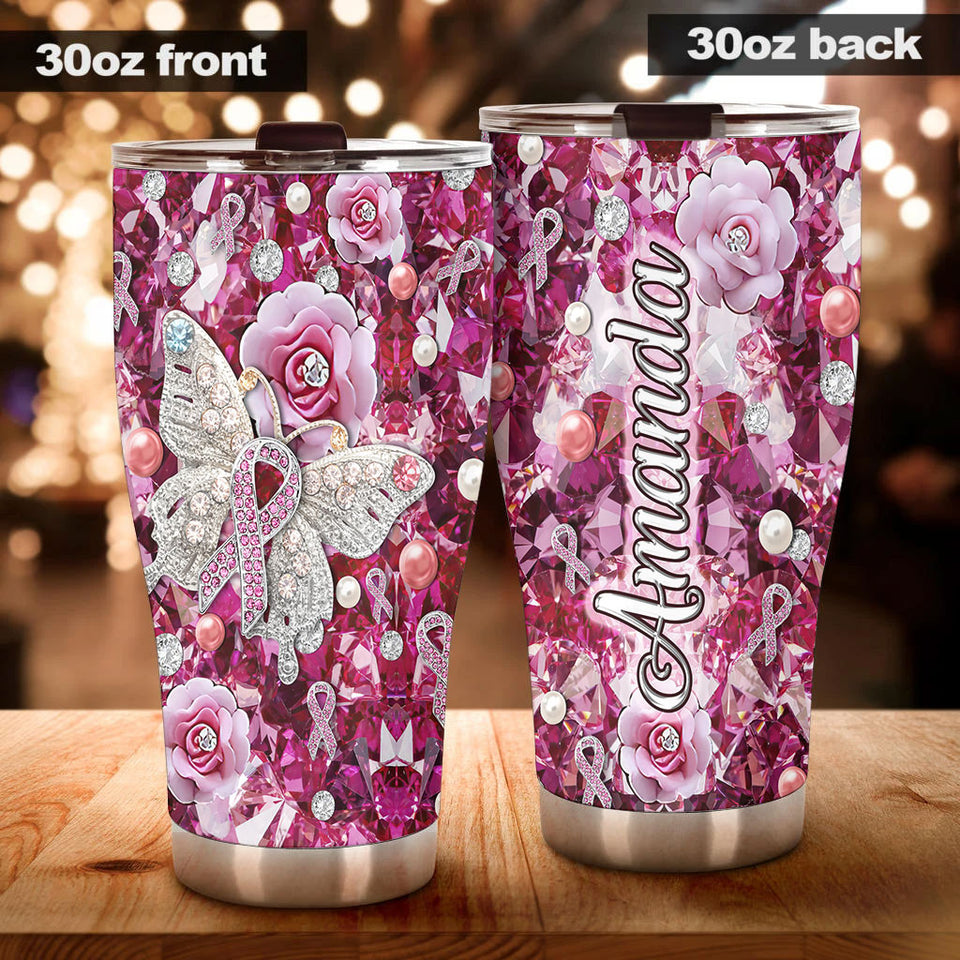 Camellia Personalized Butterfly And Pink Flowers Jewerly Style Stainless Steel Tumbler-Double-Walled Insulation Travel Cup With Lid Gift For Female