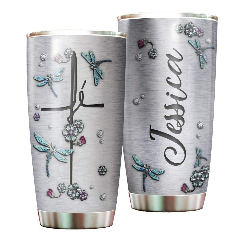 Camellia Personalized Dragonfly Jewelry Style Stainless Steel Tumbler - Customized Double-Walled Insulation Travel Thermal Cup With Lid Gift For Dragonfly Lover