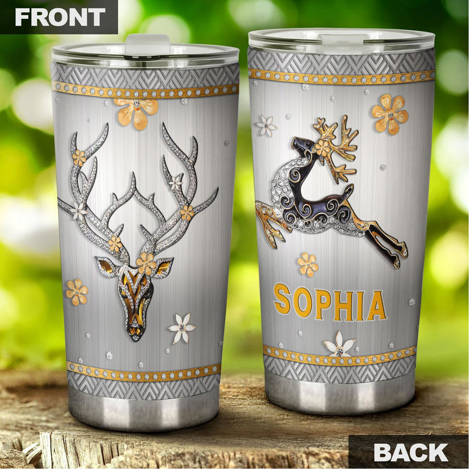 Camellia Personalized Deer Jewelry Style Flower Stainless Steel Tumbler - Customized Double-Walled Insulation Travel Thermal Cup With Lid Gift For Deer Lover
