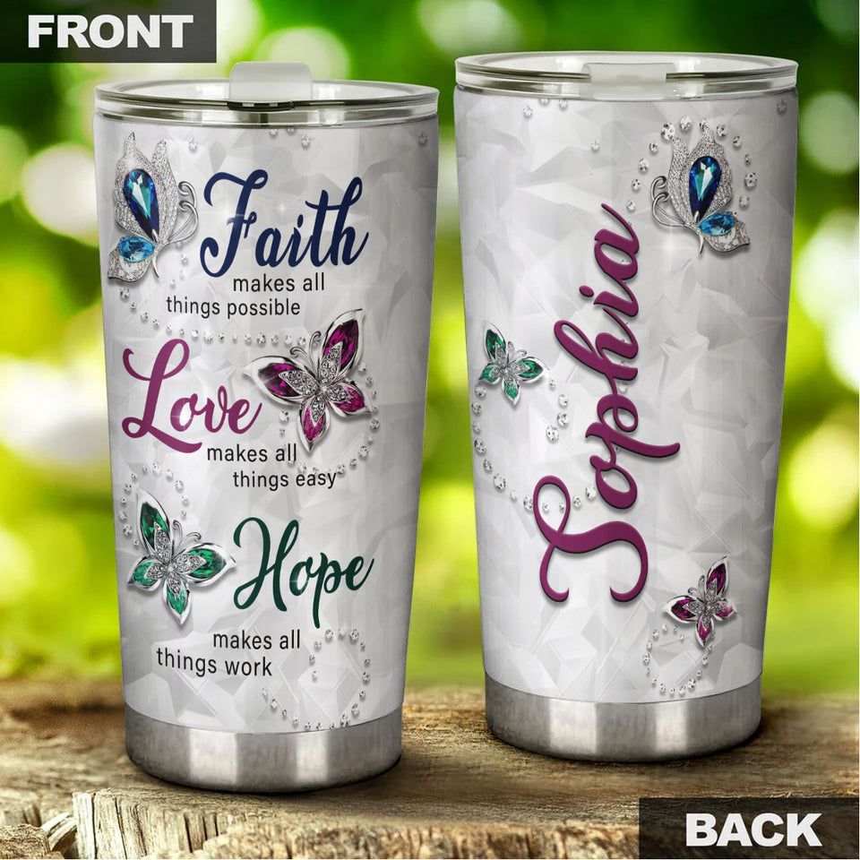Camellia Personalized Butterfly Faith Makes All Things Possible Stainless Steel Tumbler - Double-Walled Insulation Vacumm Flask - For Thanksgiving, Memorial Day, Christians, Christmas Gift