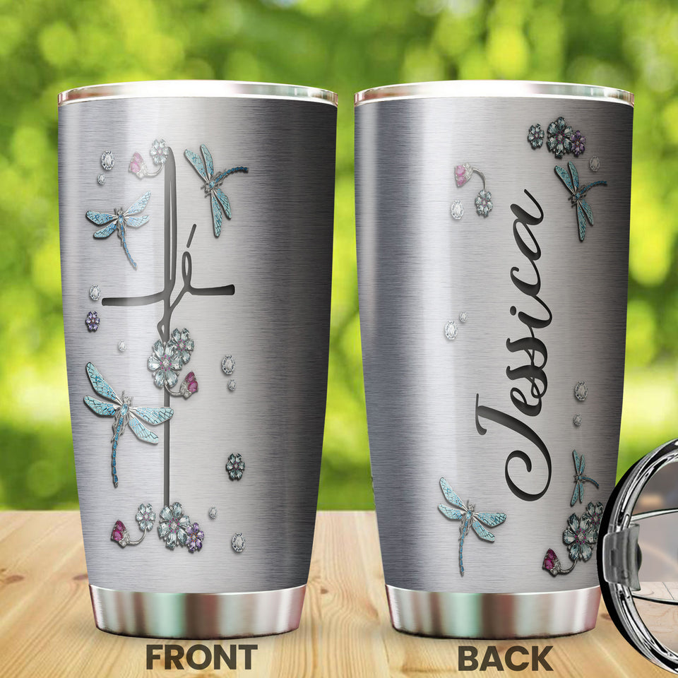 Camellia Personalized Dragonfly Jewelry Style Stainless Steel Tumbler - Customized Double-Walled Insulation Travel Thermal Cup With Lid Gift For Dragonfly Lover