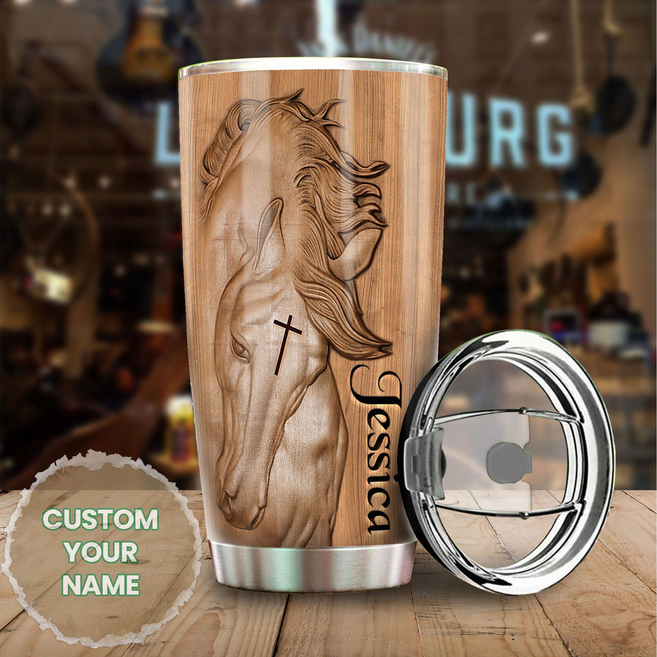 Camellia Personalized Horse Faith Wooden Style Stainless Steel Tumbler - Double-Walled Insulation Vacumm Flask - Gift For Horse Lovers, Cowgirls, Cowboys, Perfect Christmas, Thanksgiving Gift