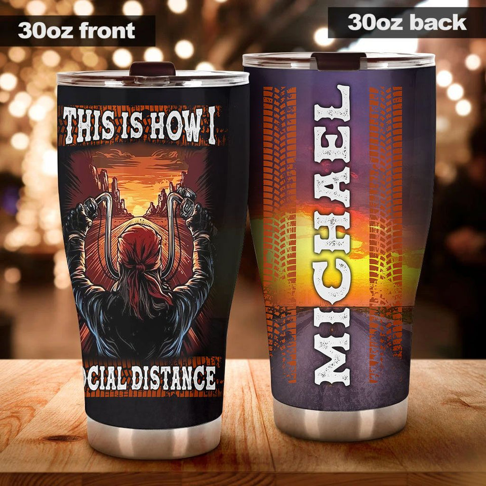 Camellia Personalized Biker Social Distance Stainless Steel Tumbler - Double-Walled Insulation Vacumm Flask - Gift For Bikers, Cycling Lovers