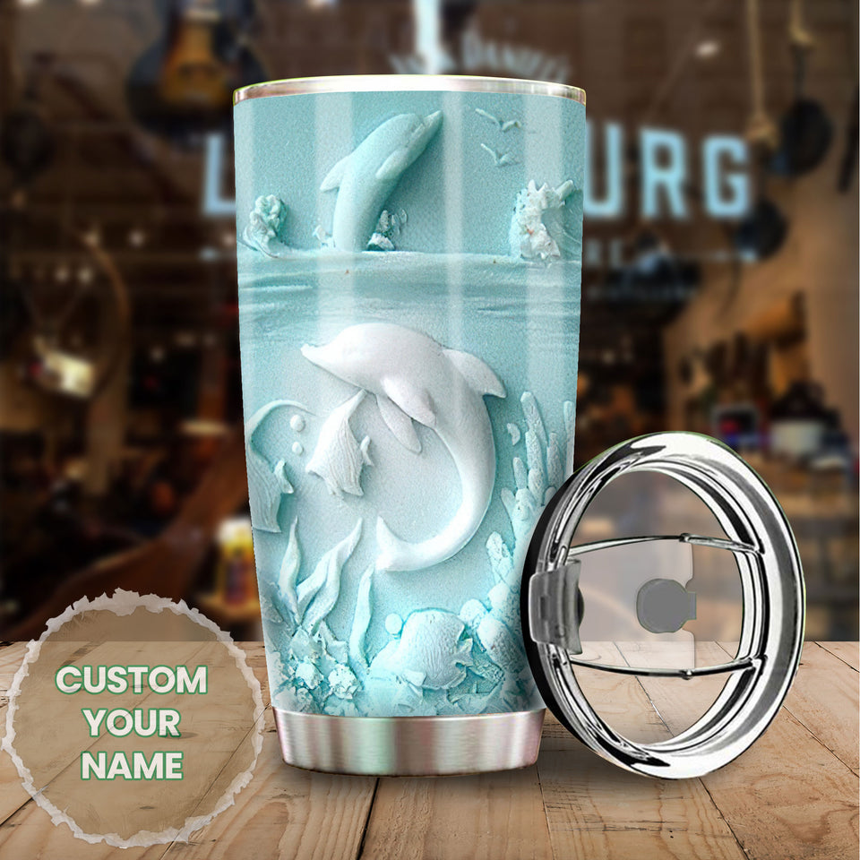 Camellia Personalized 3D Dolphin Ceramic Stainless Steel Tumbler - Customized Double-Walled Insulation Travel Thermal Cup With Lid Gift For Dolphin Lover