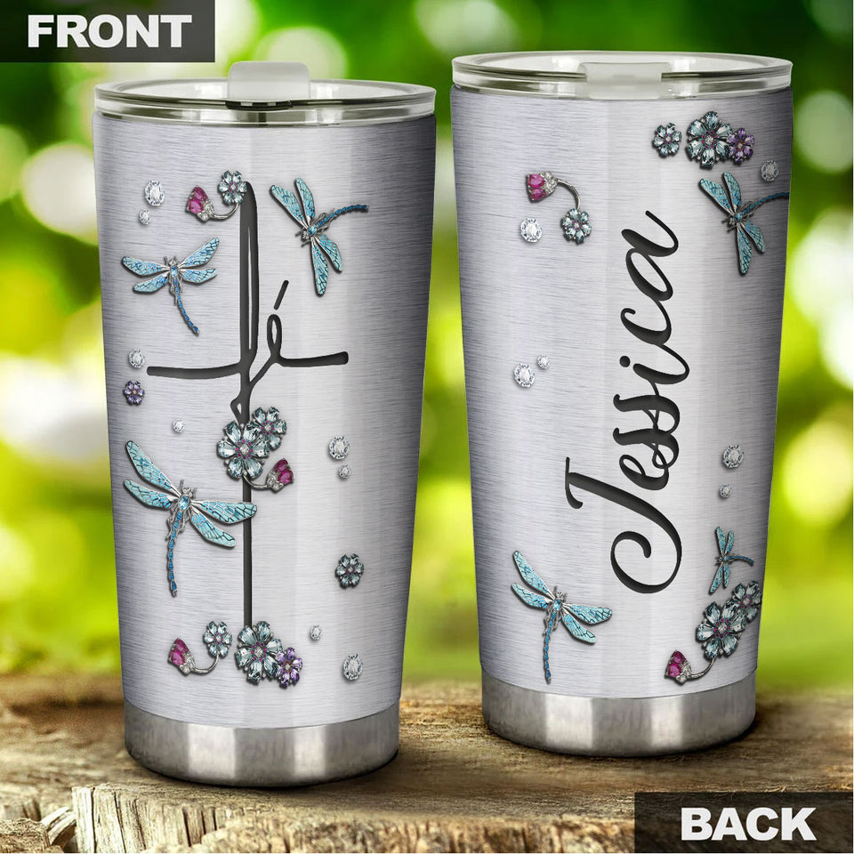 Camellia Personalized Dragonfly Jewelry Style Stainless Steel Tumbler - Customized Double-Walled Insulation Travel Thermal Cup With Lid Gift For Dragonfly Lover
