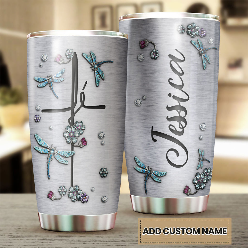 Camellia Personalized Dragonfly Jewelry Style Stainless Steel Tumbler - Customized Double-Walled Insulation Travel Thermal Cup With Lid Gift For Dragonfly Lover