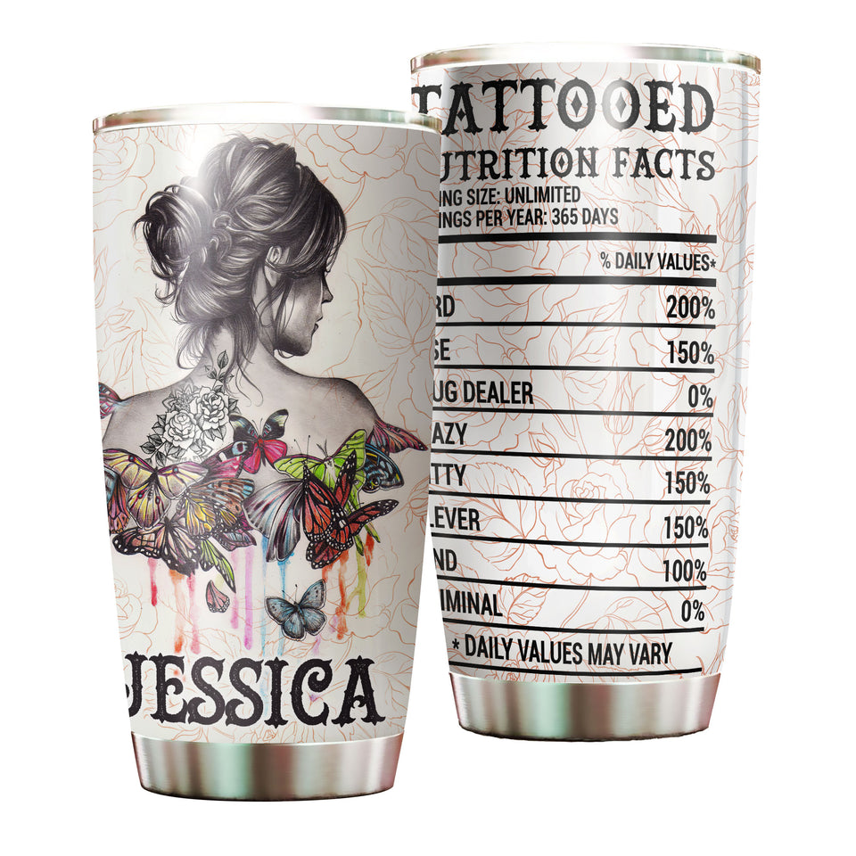 Camellia Persionalized Tattoo Girl Butterfly Tattoo Nutrition Facts Stainless Steel Tumbler - Customized Double - Walled Insulation Travel Thermal Cup With Lid Gift For Tattoo Lover