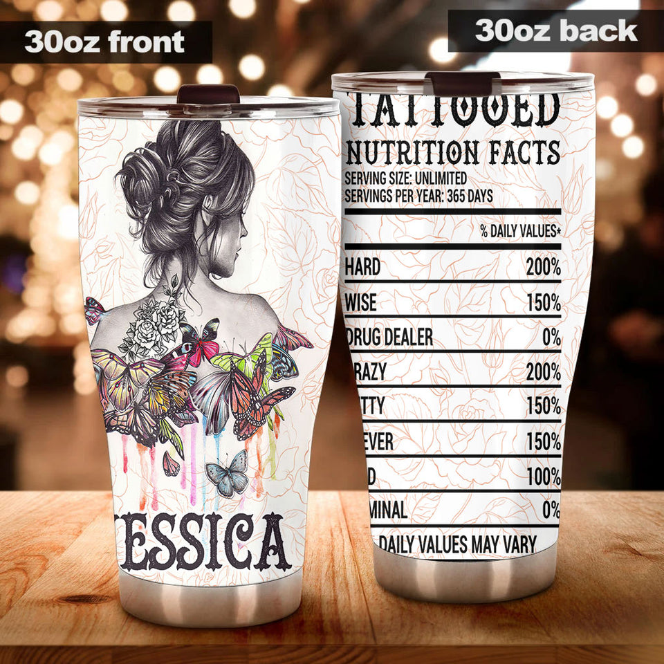Camellia Persionalized Tattoo Girl Butterfly Tattoo Nutrition Facts Stainless Steel Tumbler - Customized Double - Walled Insulation Travel Thermal Cup With Lid Gift For Tattoo Lover