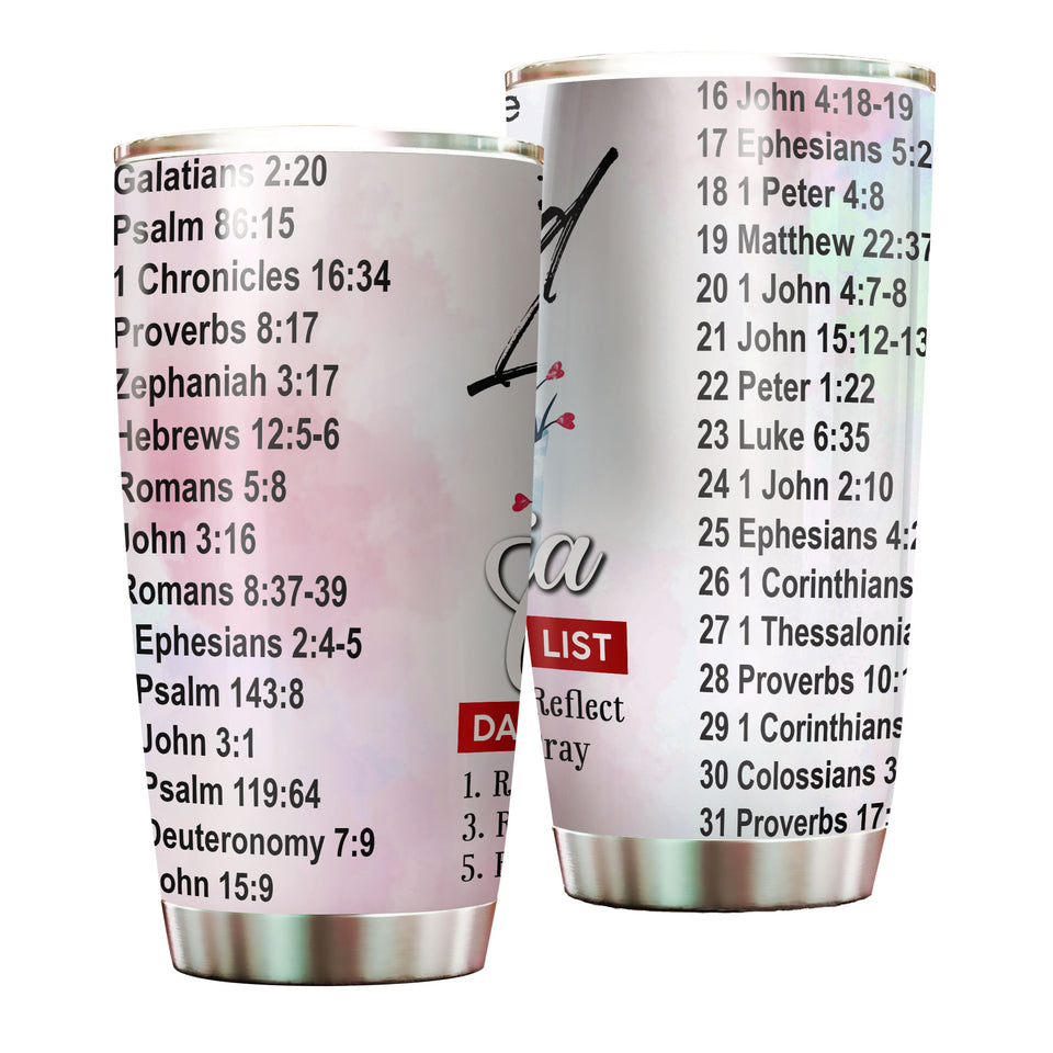 Camellia Personalized Bible List Stainless Steel Tumbler - Customized Double-Walled Insulation Travel Thermal Cup With Lid Gift Fot Christian