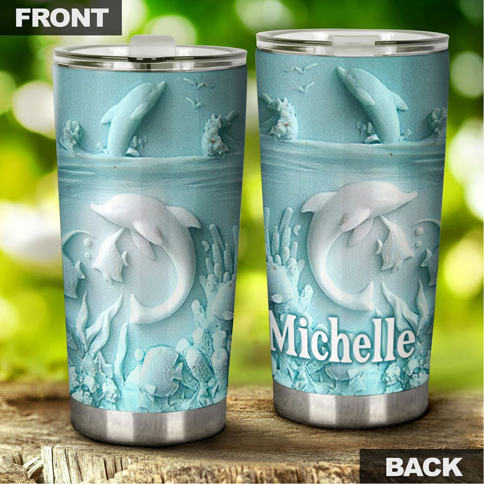 Camellia Personalized 3D Dolphin Ceramic Stainless Steel Tumbler - Customized Double-Walled Insulation Travel Thermal Cup With Lid Gift For Dolphin Lover