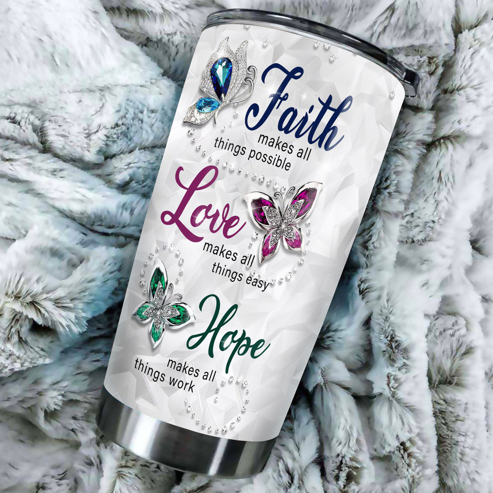 Camellia Personalized Butterfly Faith Makes All Things Possible Stainless Steel Tumbler - Double-Walled Insulation Vacumm Flask - For Thanksgiving, Memorial Day, Christians, Christmas Gift