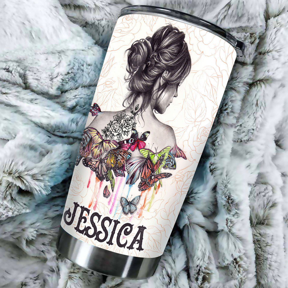 Camellia Persionalized Tattoo Girl Butterfly Tattoo Nutrition Facts Stainless Steel Tumbler - Customized Double - Walled Insulation Travel Thermal Cup With Lid Gift For Tattoo Lover
