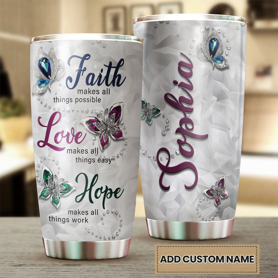 Camellia Personalized Butterfly Faith Makes All Things Possible Stainless Steel Tumbler - Double-Walled Insulation Vacumm Flask - For Thanksgiving, Memorial Day, Christians, Christmas Gift