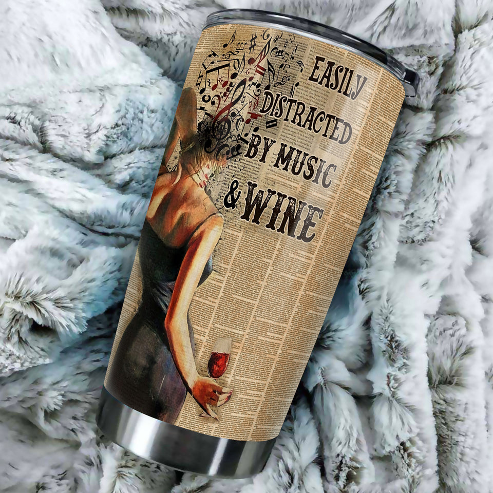 Camellia Persionalized 3D Vintage Girl Easily Distracted By Music And Wife Stainless Steel Tumbler - Customized Double - Walled Insulation Travel Thermal Cup With Lid Gift For Wine Lover