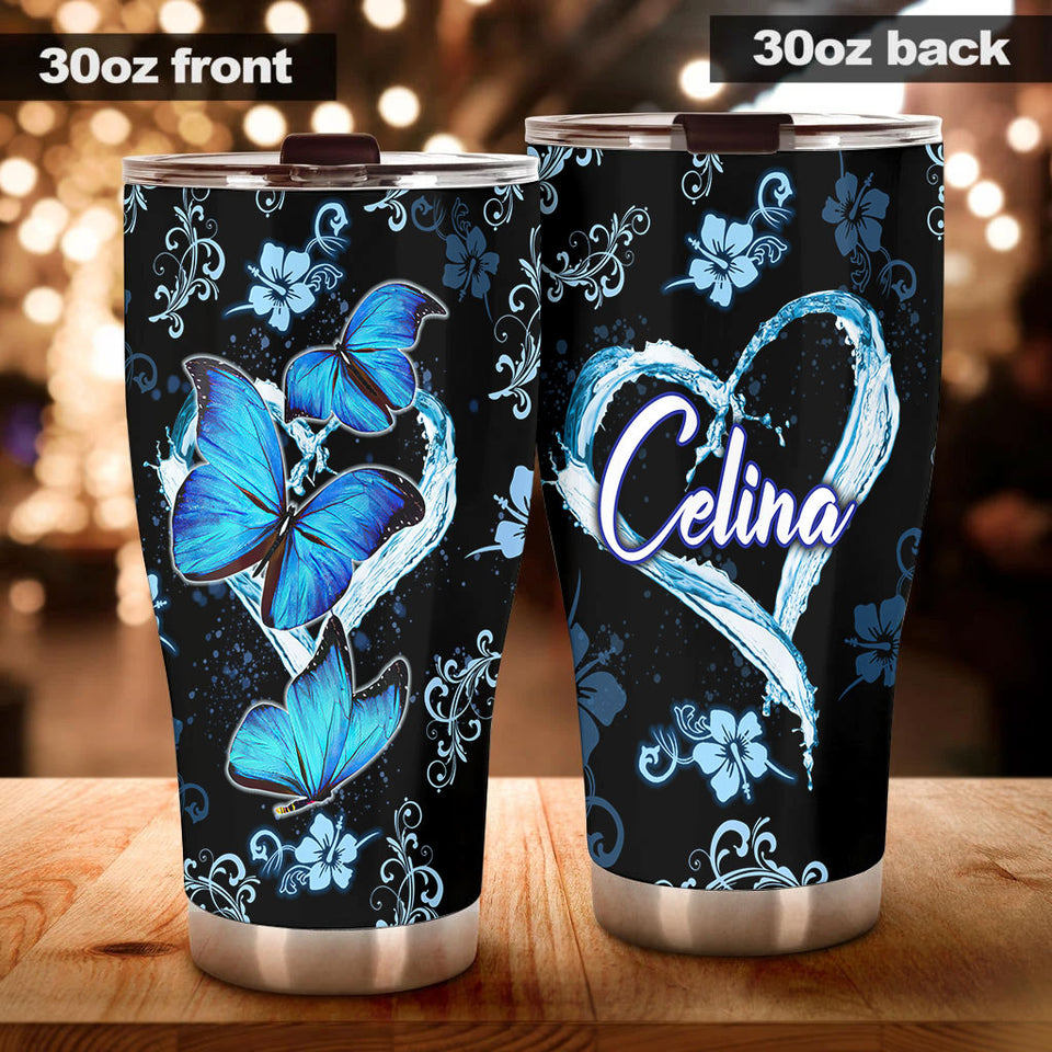 Camellia Personalized Blue Butterfly Stainless Steel Tumbler - Double-Walled Insulation Vacumm Flask - Gift For Thanksgiving, Memorial Day