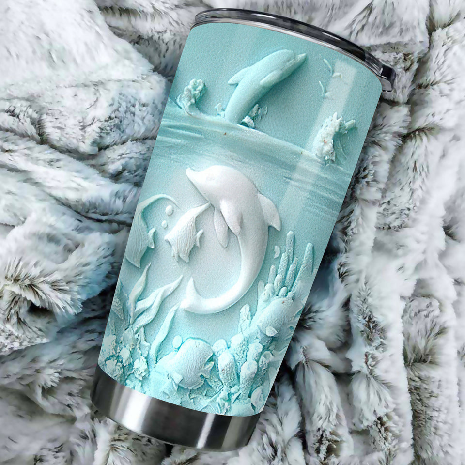 Camellia Personalized 3D Dolphin Ceramic Stainless Steel Tumbler - Customized Double-Walled Insulation Travel Thermal Cup With Lid Gift For Dolphin Lover