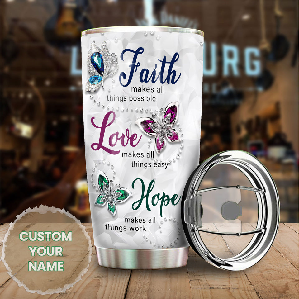 Camellia Personalized Butterfly Faith Makes All Things Possible Stainless Steel Tumbler - Double-Walled Insulation Vacumm Flask - For Thanksgiving, Memorial Day, Christians, Christmas Gift