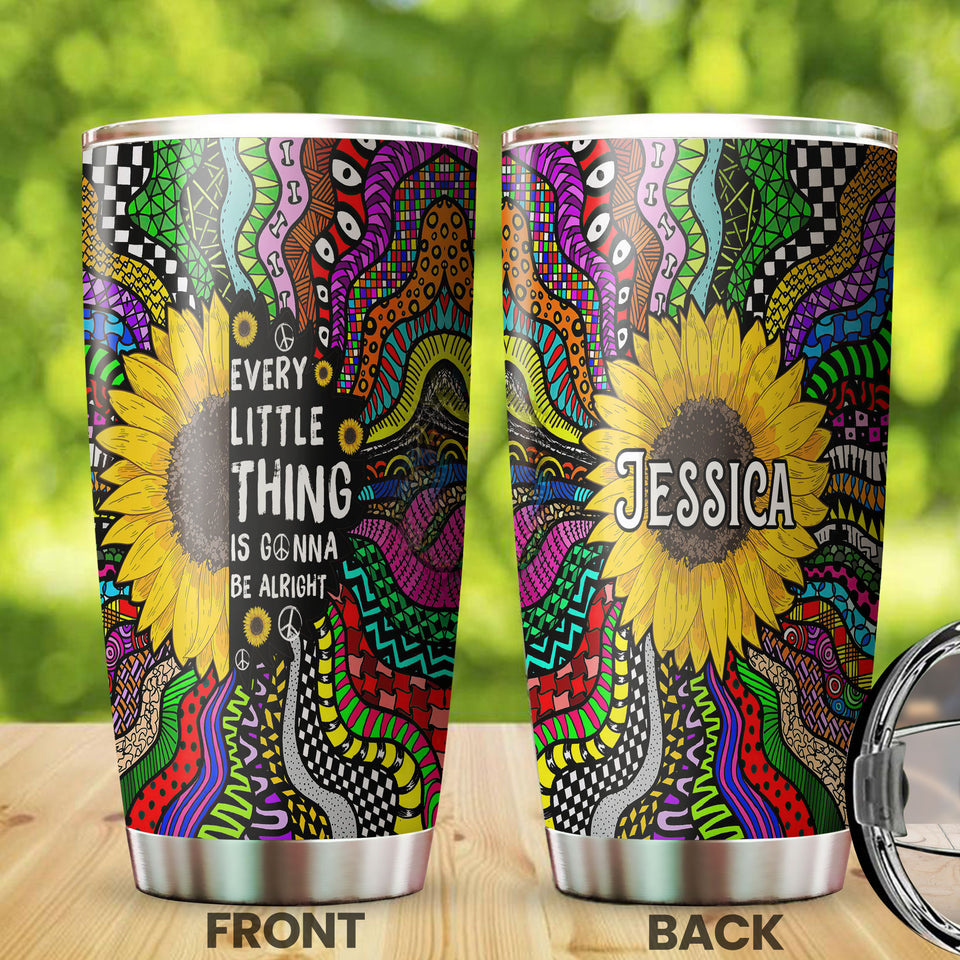 Camellia Personalized Hippie Sunflower Every Little Thing Is Gonna Be Alright Stainless Steel Tumbler-Double-Walled Insulation Travel Cup With Lid