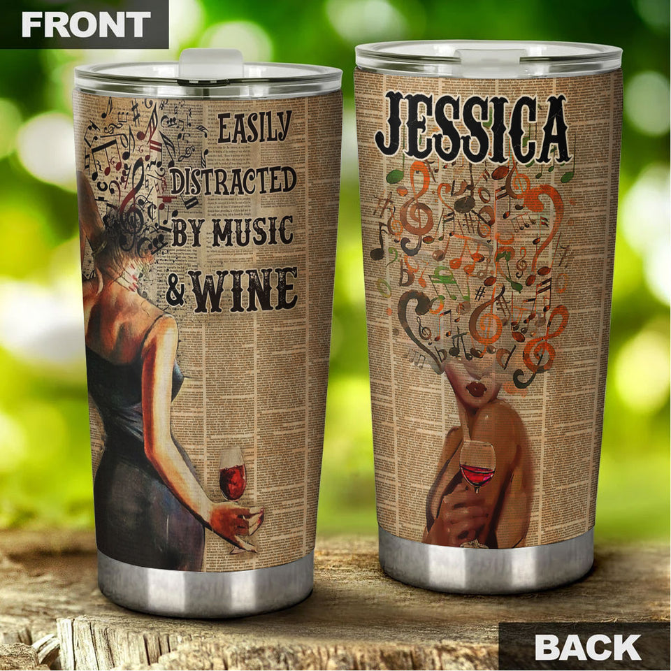 Camellia Persionalized 3D Vintage Girl Easily Distracted By Music And Wife Stainless Steel Tumbler - Customized Double - Walled Insulation Travel Thermal Cup With Lid Gift For Wine Lover