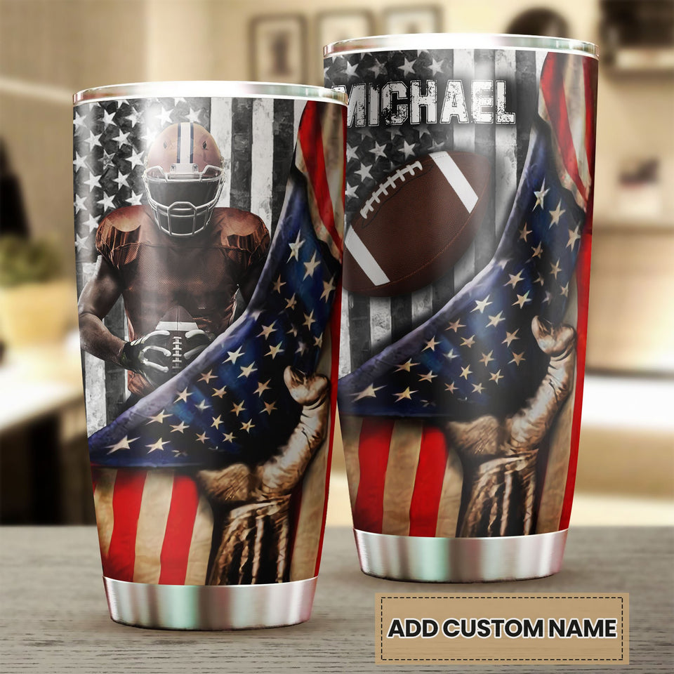 Camellia Personalized American Flag Rugby Player Art Stainless Steel Tumbler - Customized Double-Walled Insulation Travel Thermal Cup With Lid