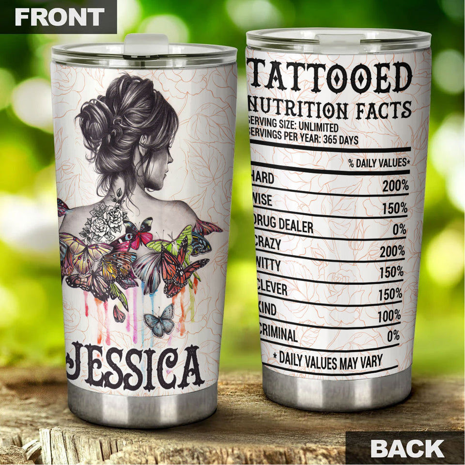 Camellia Persionalized Tattoo Girl Butterfly Tattoo Nutrition Facts Stainless Steel Tumbler - Customized Double - Walled Insulation Travel Thermal Cup With Lid Gift For Tattoo Lover
