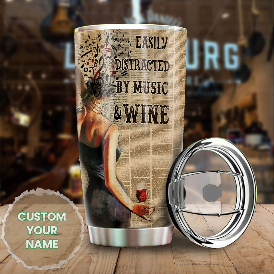Camellia Persionalized 3D Vintage Girl Easily Distracted By Music And Wife Stainless Steel Tumbler - Customized Double - Walled Insulation Travel Thermal Cup With Lid Gift For Wine Lover