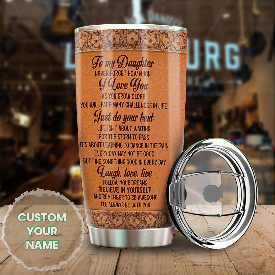 Camellia Personalized Elephant Loving Letter From  Mom To Daughter Leather Style Stainless Steel Tumbler-Sweat-Proof Travel Tharma Cup With Lid