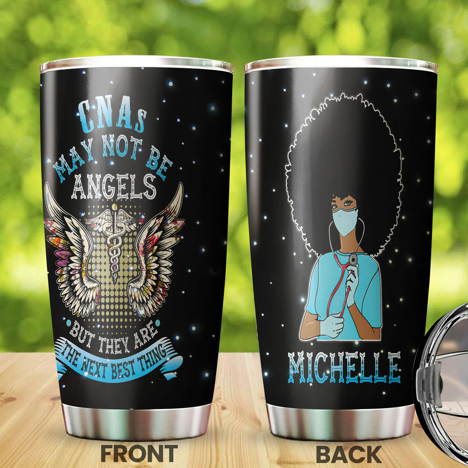 Camellia Personalized Black Nurse CNA May Not Be Angel Stainless Steel Tumbler - Double-Walled Insulation Vacumm Flask - Gift For Black Queen, International Women's Day, Hippie Girls