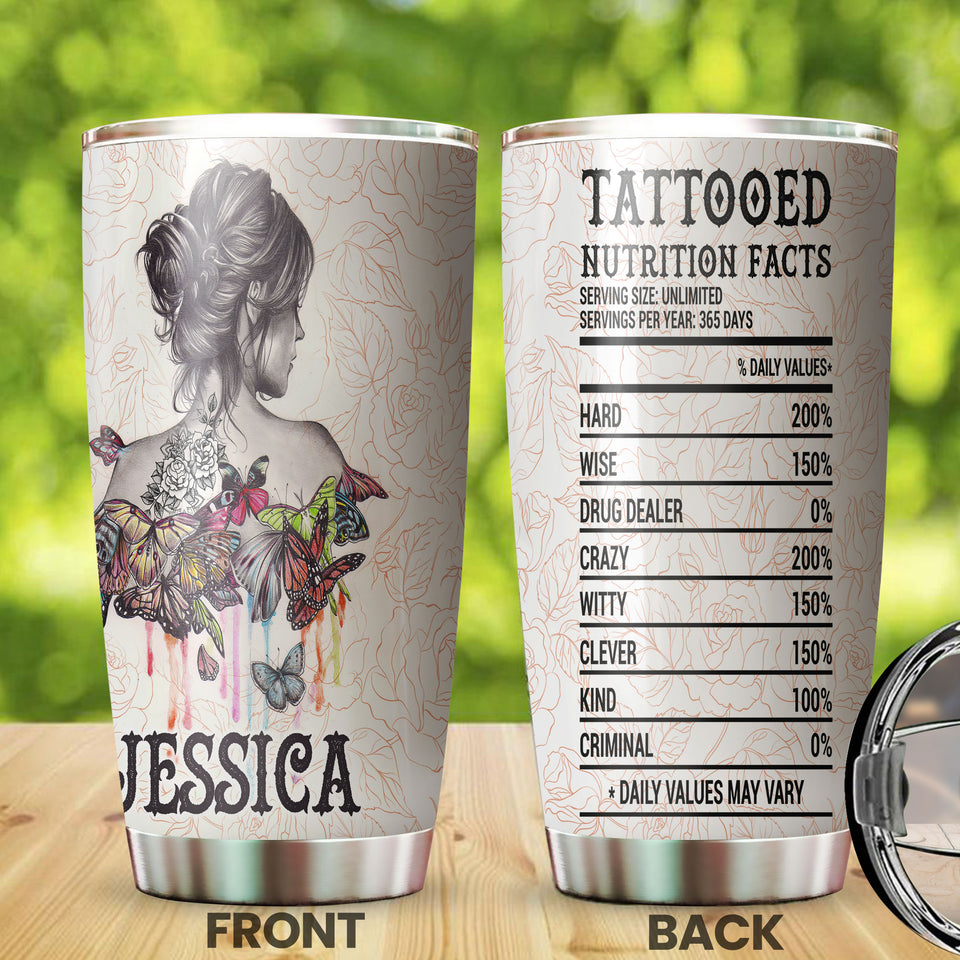 Camellia Persionalized Tattoo Girl Butterfly Tattoo Nutrition Facts Stainless Steel Tumbler - Customized Double - Walled Insulation Travel Thermal Cup With Lid Gift For Tattoo Lover