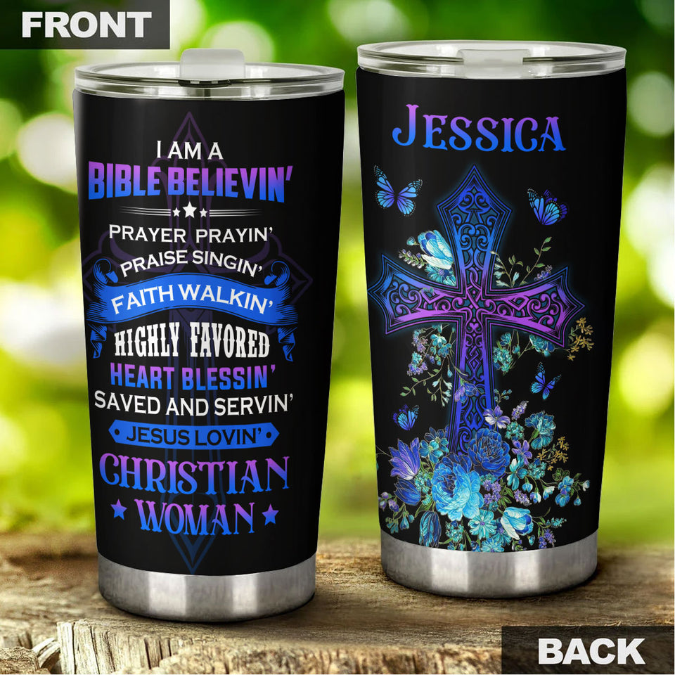 Camellia Personalized Butterfly Faith Bible I'm A Bible Believing Stainless Steel Tumbler - Double-Walled Insulation Vacumm Flask - For Thanksgiving, Memorial Day, Christians, Christmas Gift