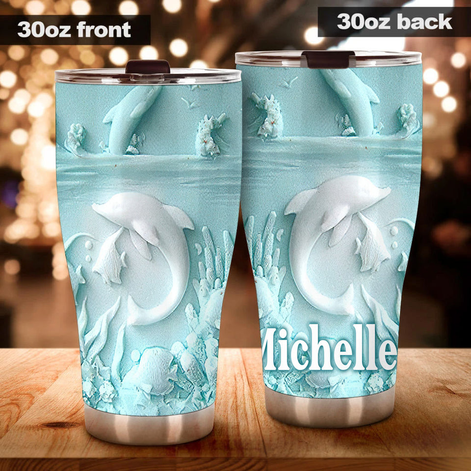 Camellia Personalized 3D Dolphin Ceramic Stainless Steel Tumbler - Customized Double-Walled Insulation Travel Thermal Cup With Lid Gift For Dolphin Lover