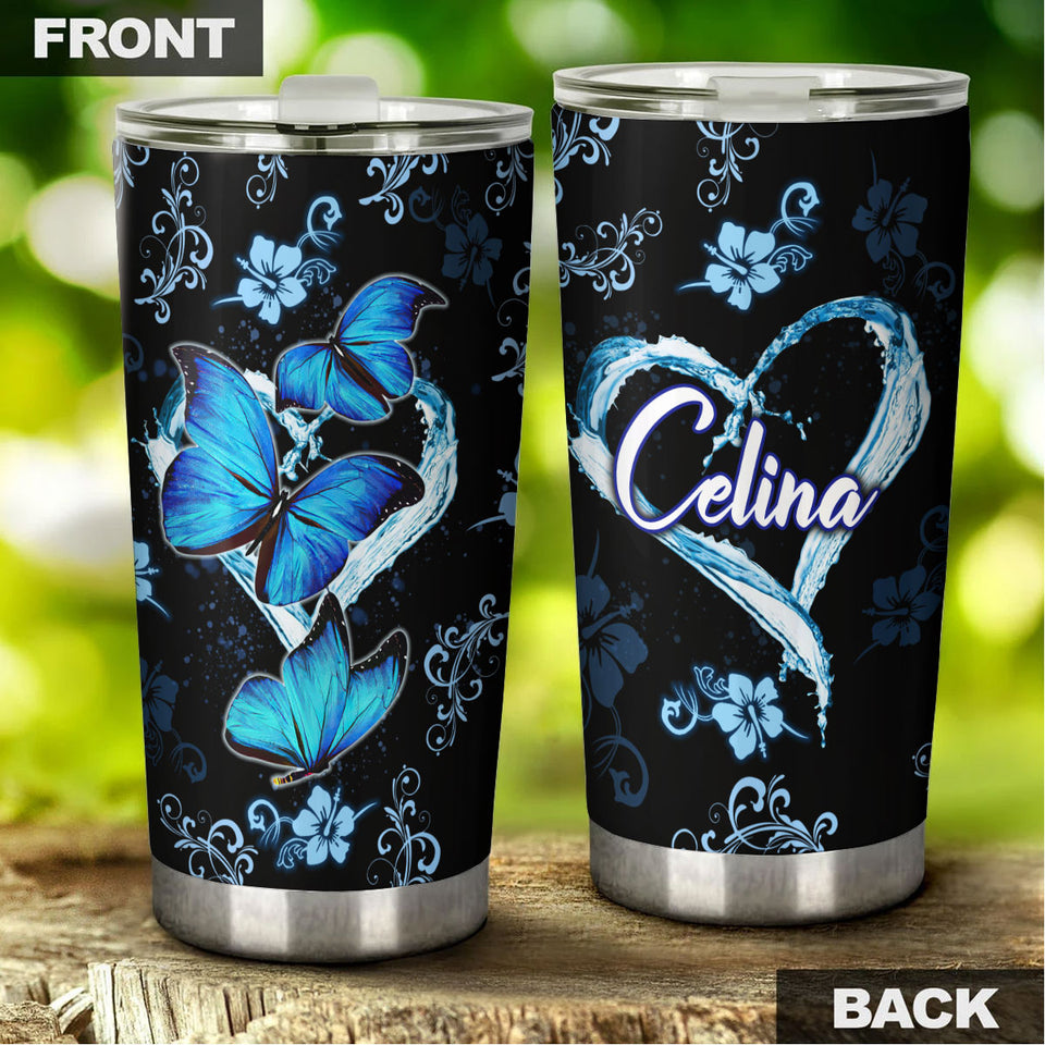 Camellia Personalized Blue Butterfly Stainless Steel Tumbler - Double-Walled Insulation Vacumm Flask - Gift For Thanksgiving, Memorial Day