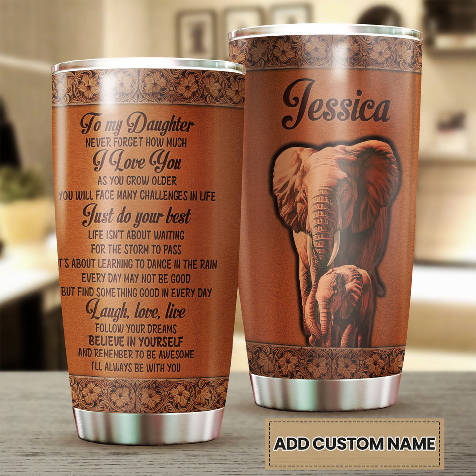 Camellia Personalized Elephant Loving Letter From  Mom To Daughter Leather Style Stainless Steel Tumbler-Sweat-Proof Travel Tharma Cup With Lid