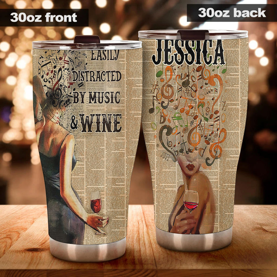 Camellia Persionalized 3D Vintage Girl Easily Distracted By Music And Wife Stainless Steel Tumbler - Customized Double - Walled Insulation Travel Thermal Cup With Lid Gift For Wine Lover