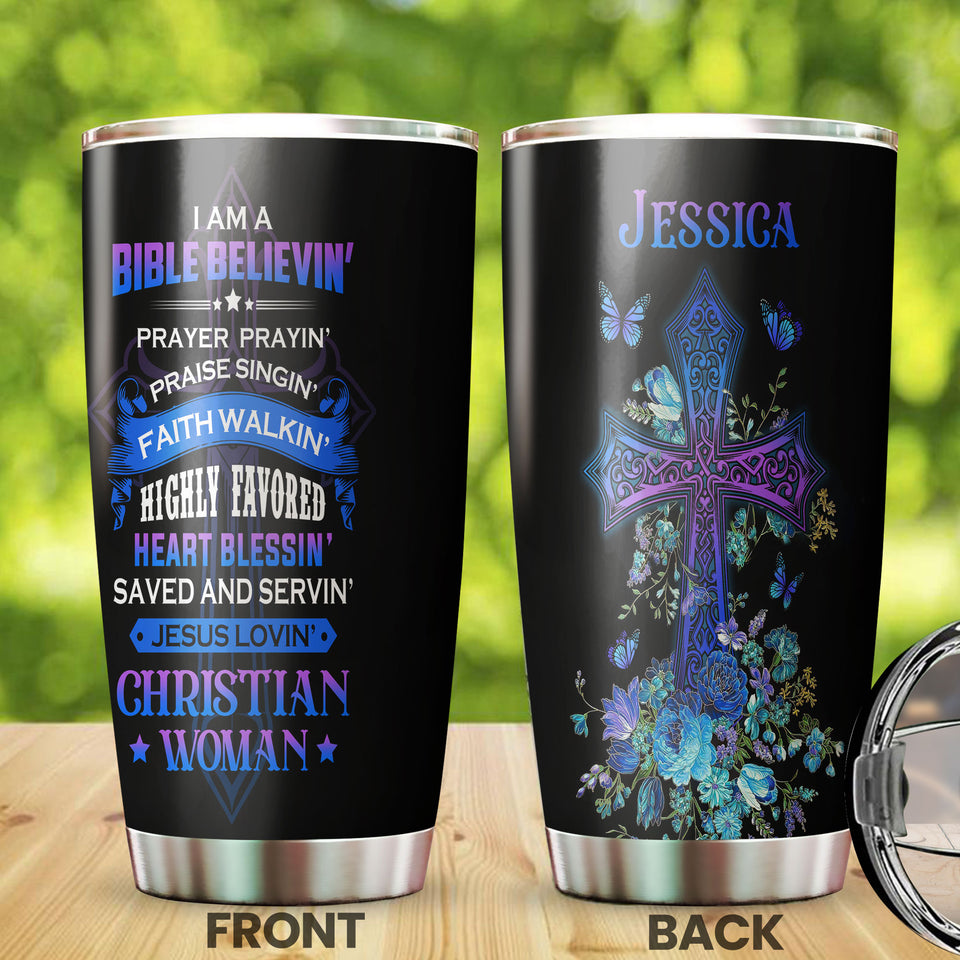 Camellia Personalized Butterfly Faith Bible I'm A Bible Believing Stainless Steel Tumbler - Double-Walled Insulation Vacumm Flask - For Thanksgiving, Memorial Day, Christians, Christmas Gift
