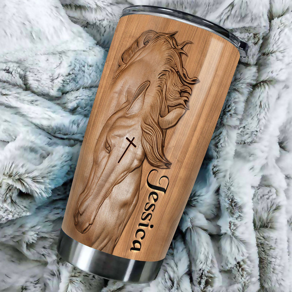 Camellia Personalized Horse Faith Wooden Style Stainless Steel Tumbler - Double-Walled Insulation Vacumm Flask - Gift For Horse Lovers, Cowgirls, Cowboys, Perfect Christmas, Thanksgiving Gift