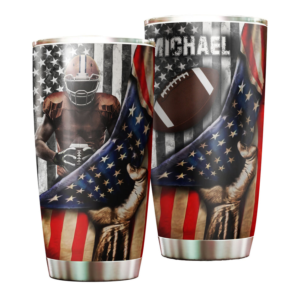 Camellia Personalized American Flag Rugby Player Art Stainless Steel Tumbler - Customized Double-Walled Insulation Travel Thermal Cup With Lid