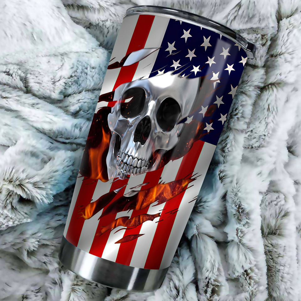 Camellia Personalized American Skull Flag Stainless Steel Tumbler - Double-Walled Insulation Vacumm Flask - Gift For Halloween, Spooky Season