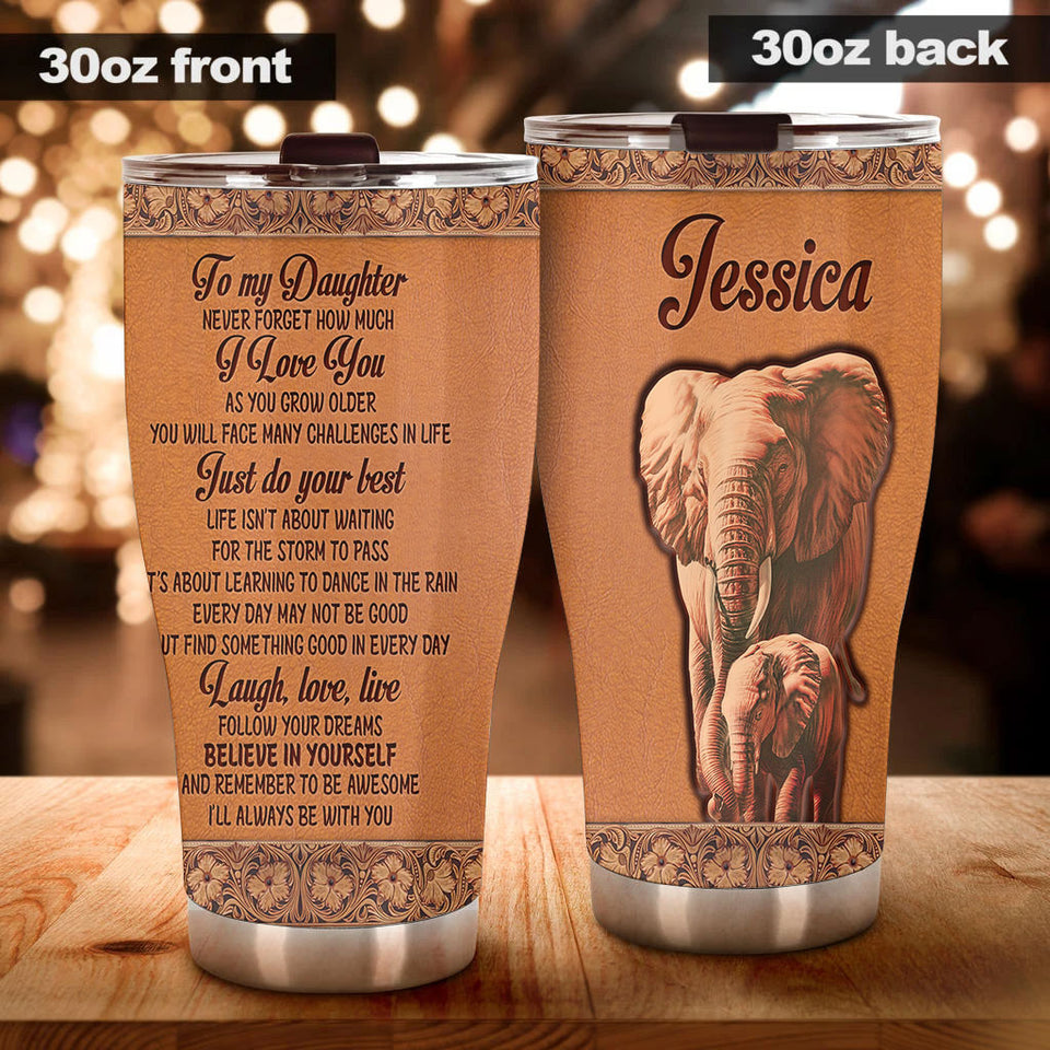 Camellia Personalized Elephant Loving Letter From  Mom To Daughter Leather Style Stainless Steel Tumbler-Sweat-Proof Travel Tharma Cup With Lid