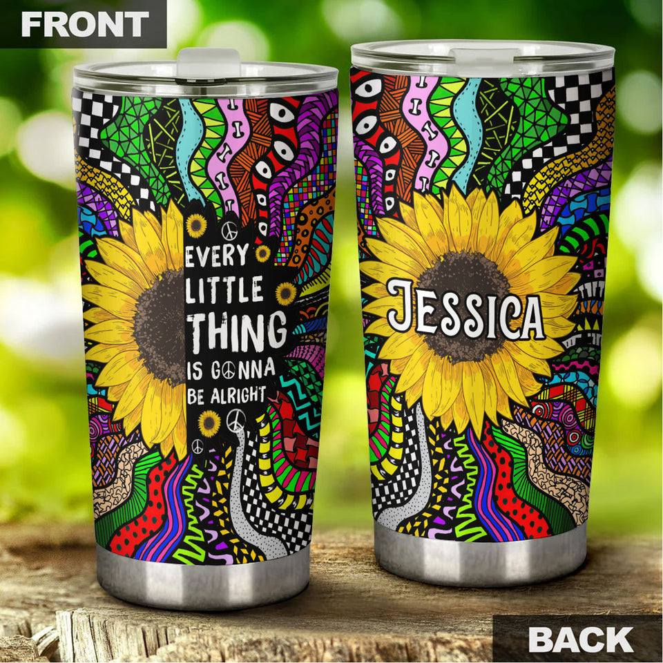 Camellia Personalized Hippie Sunflower Every Little Thing Is Gonna Be Alright Stainless Steel Tumbler-Double-Walled Insulation Travel Cup With Lid
