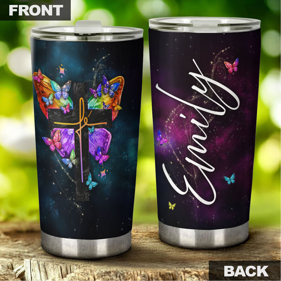 Camellia Personalized Butterfly Christian Cross Stainless Steel Tumbler - Double-Walled Insulation Vacumm Flask - For Thanksgiving, Memorial Day, Christians, Christmas Gift