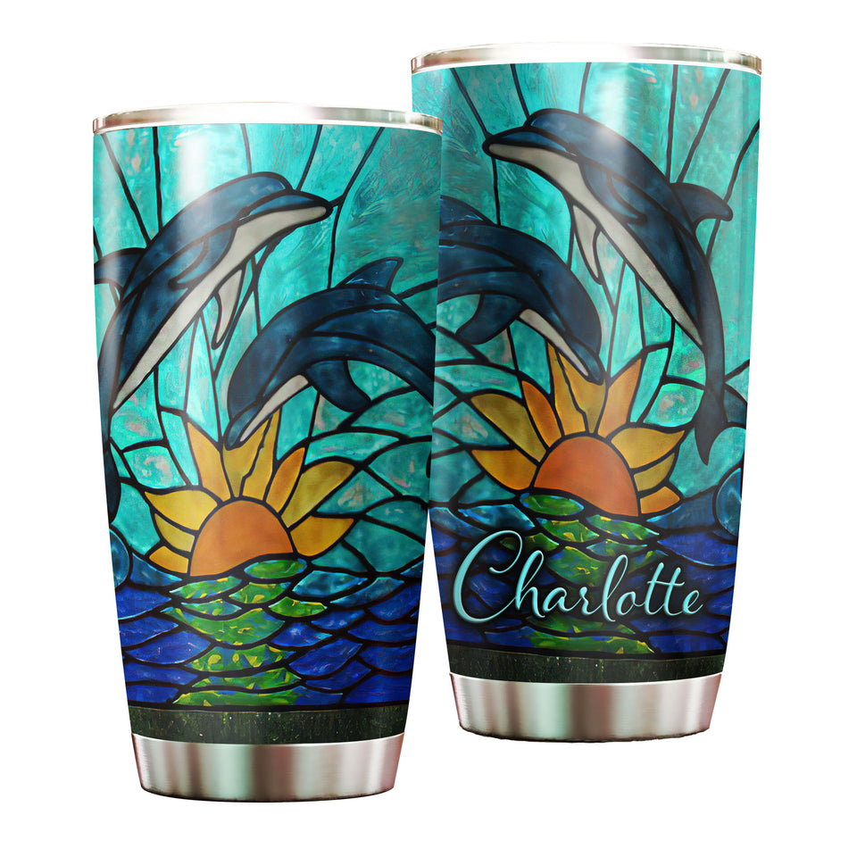Camellia Personalized Art Sea Dolphin Stainless Steel Tumbler - Customized Double-Walled Insulation Travel Thermal Cup With Lid Gift For Dolphin Lover