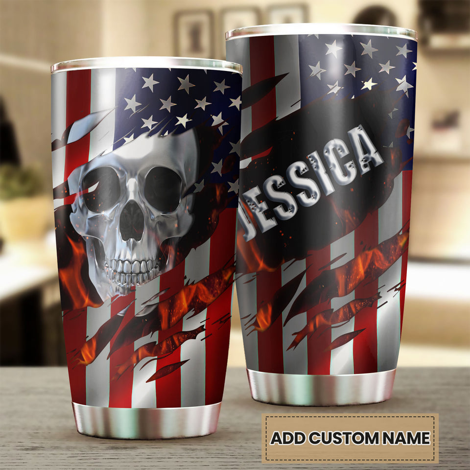 Camellia Personalized American Skull Flag Stainless Steel Tumbler - Double-Walled Insulation Vacumm Flask - Gift For Halloween, Spooky Season