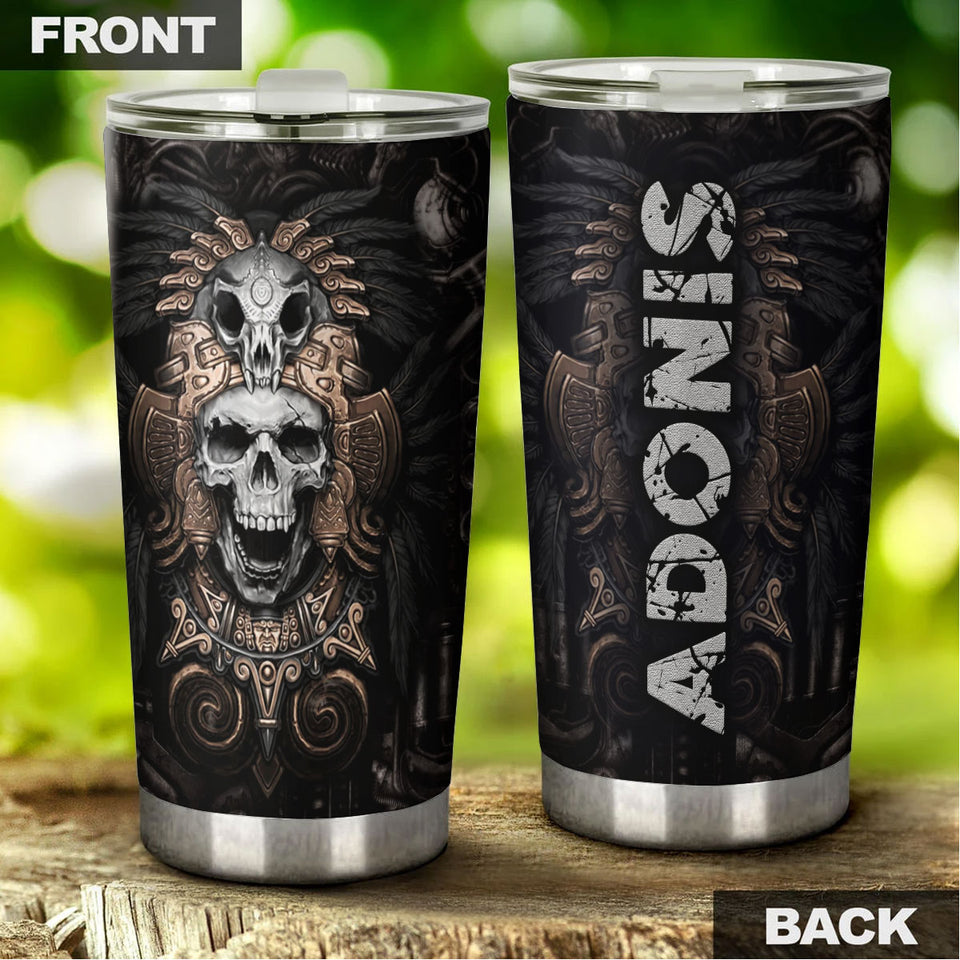 Camellia Personalized 3D Native American Golden Skull Stainless Steel Tumbler - Customized Double-Walled Insulation Travel Thermal Cup With Lid