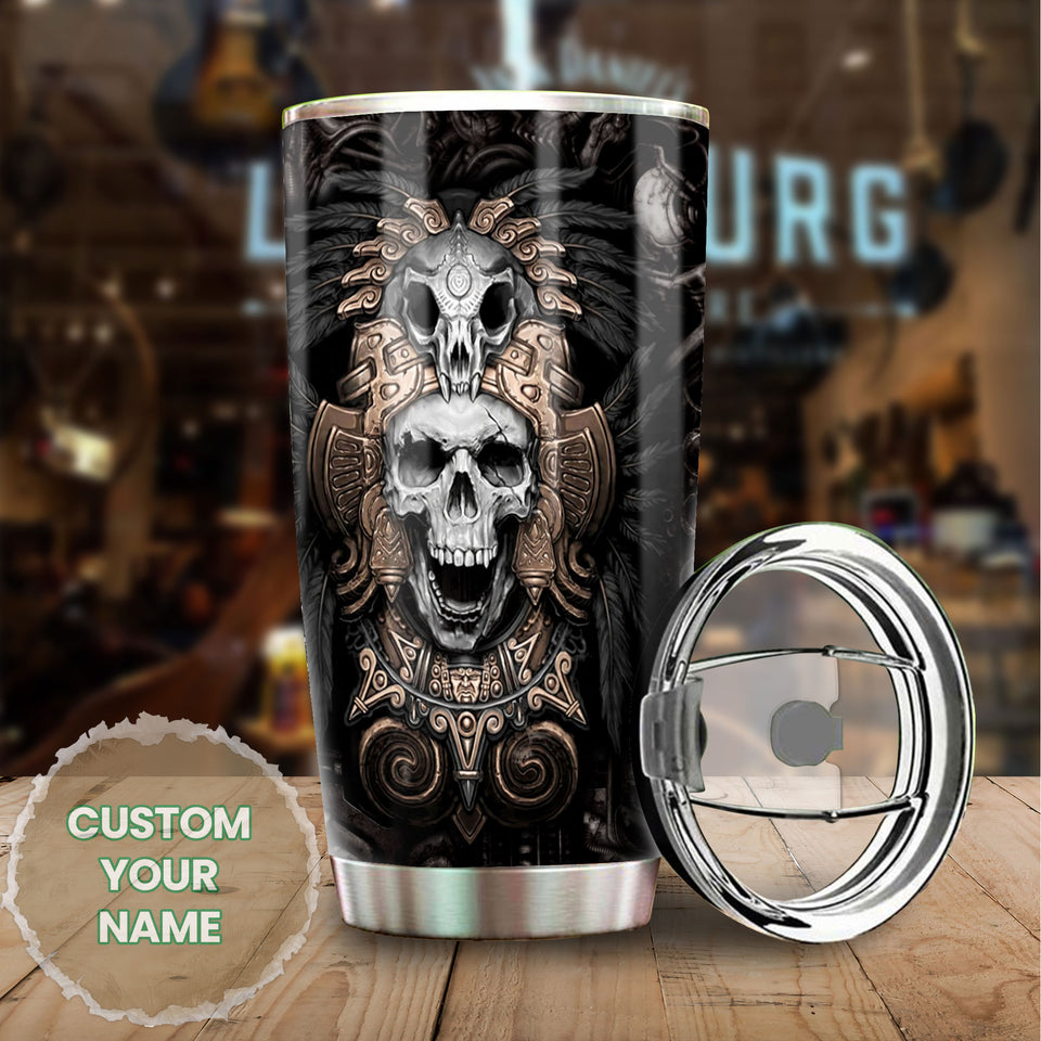 Camellia Personalized 3D Native American Golden Skull Stainless Steel Tumbler - Customized Double-Walled Insulation Travel Thermal Cup With Lid